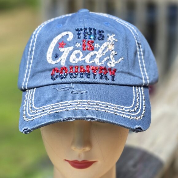Ladies Blue This is Gods Country BLING Hat NEW - Picture 1 of 4